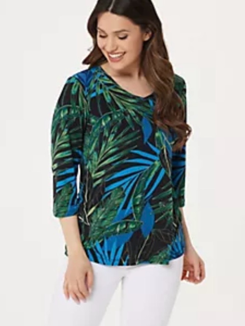 Susan Graver Blue & Green Tropical-Print Liquid Knit 3/4 Sleeve Top - Sm/Med